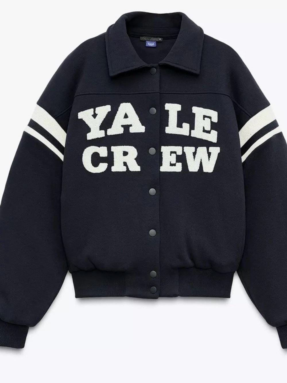 Zara Black Bomber Jacket with White 'YALE CREW' Lettering